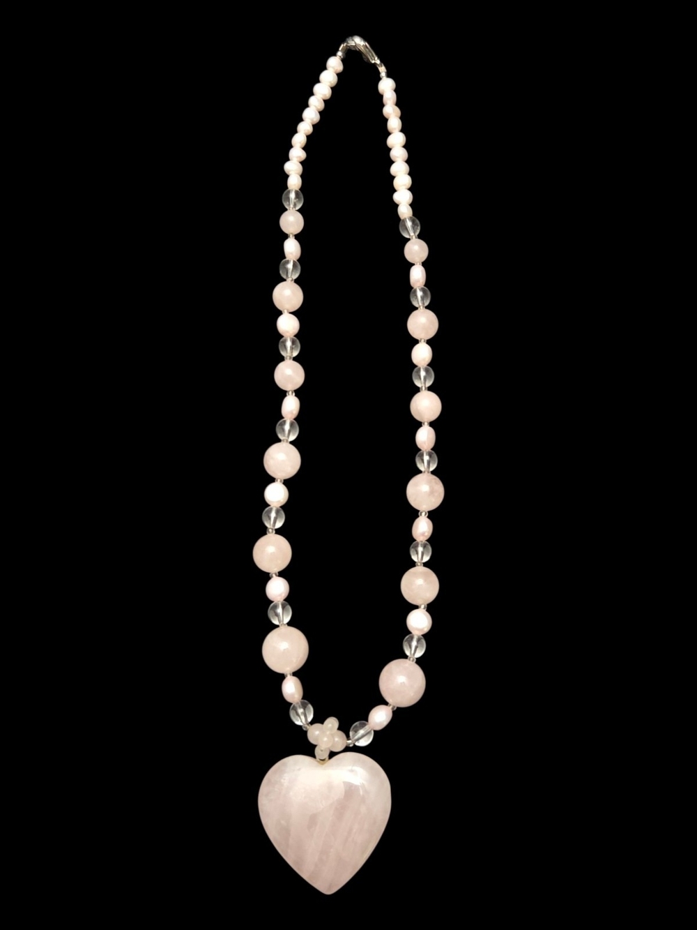 Vintage Lee Sands Rose Quartz Heart Pearl Statement Necklace